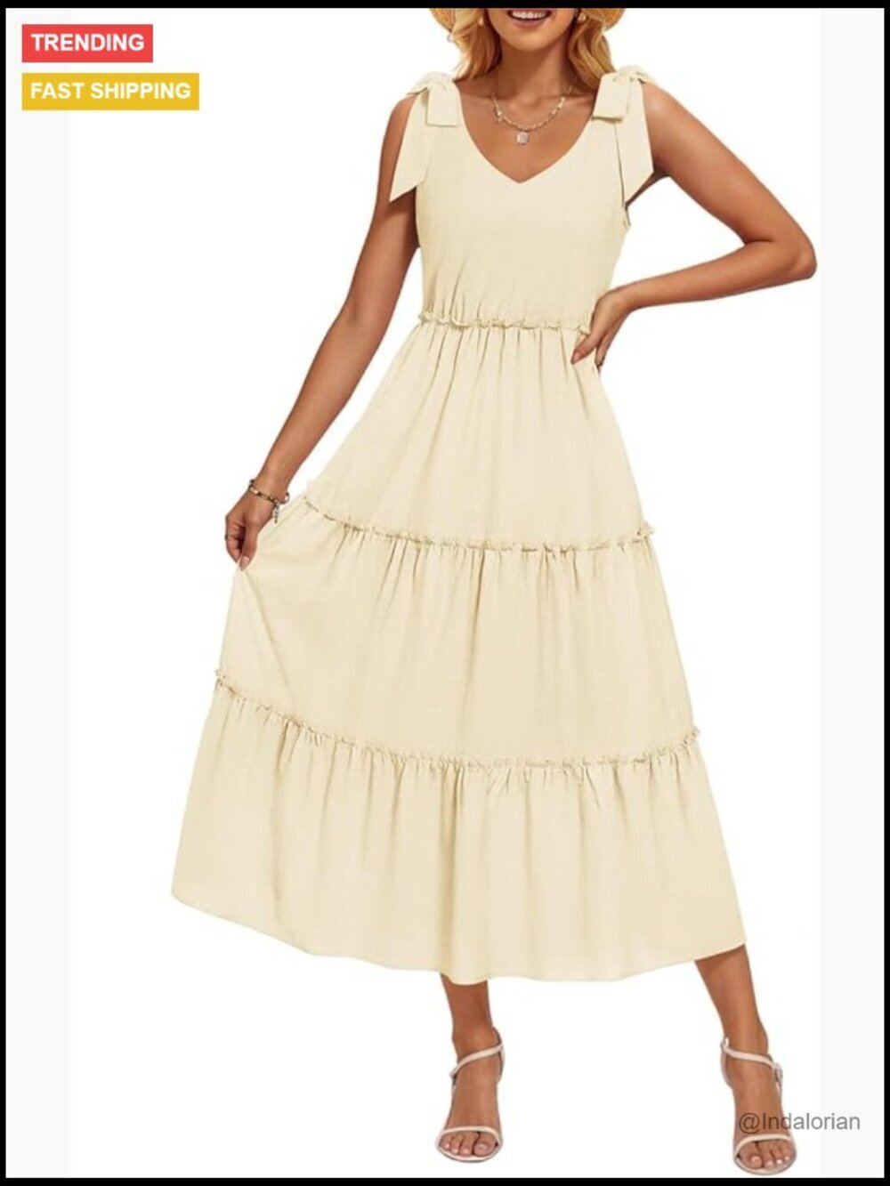 Spaghetti Strap Midi Dress - Tie Shoulder V Neck Flowy A Line Tiered Beach